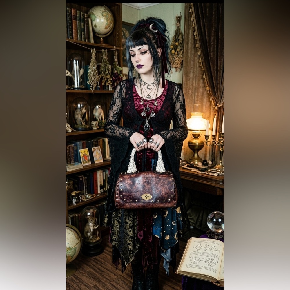 Vintage Whimsigoth Brown Distressed Leather Handbag‎ Woven Horn Handle Y2K